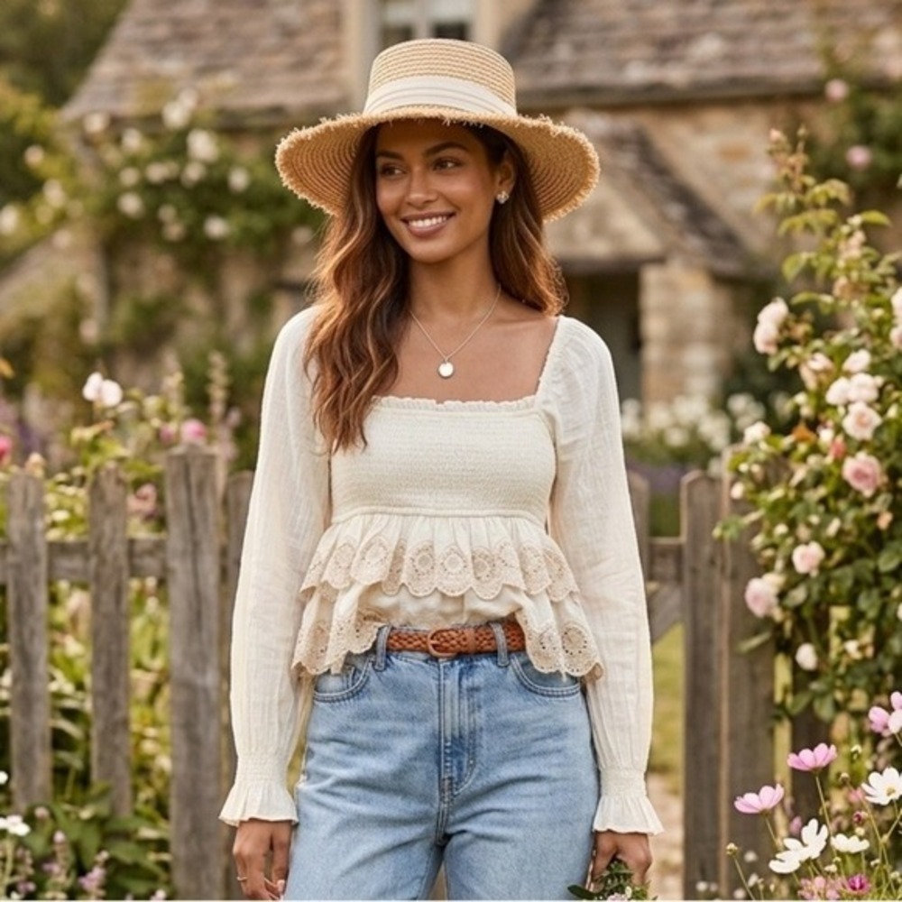 American Eagle Eyelet‎ Lace Tiered Smocked Peasant Top Cream XS Boho Chic